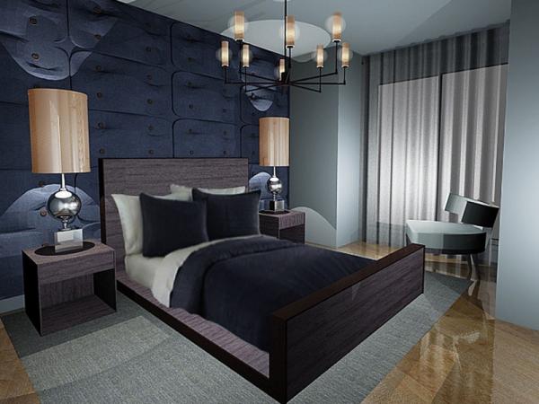 Сірі штори в сіро-синьому інтер'єрі спальні