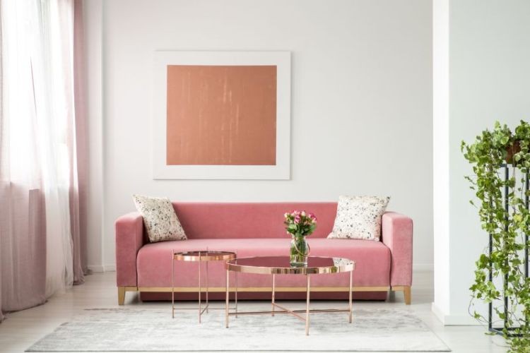 Блідо-рожева оксамитова оббивка дивану у вітальні