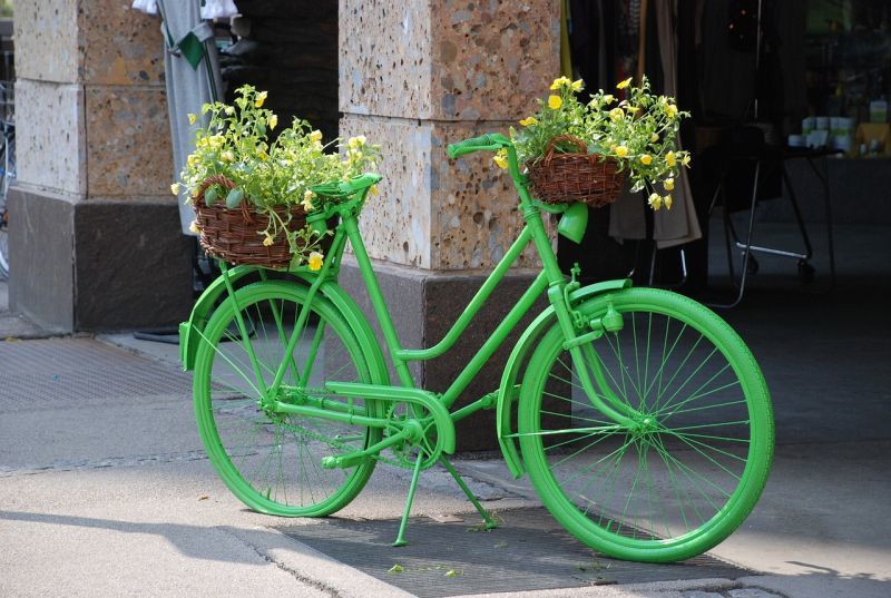 Клумба-велосипед зеленого кольору