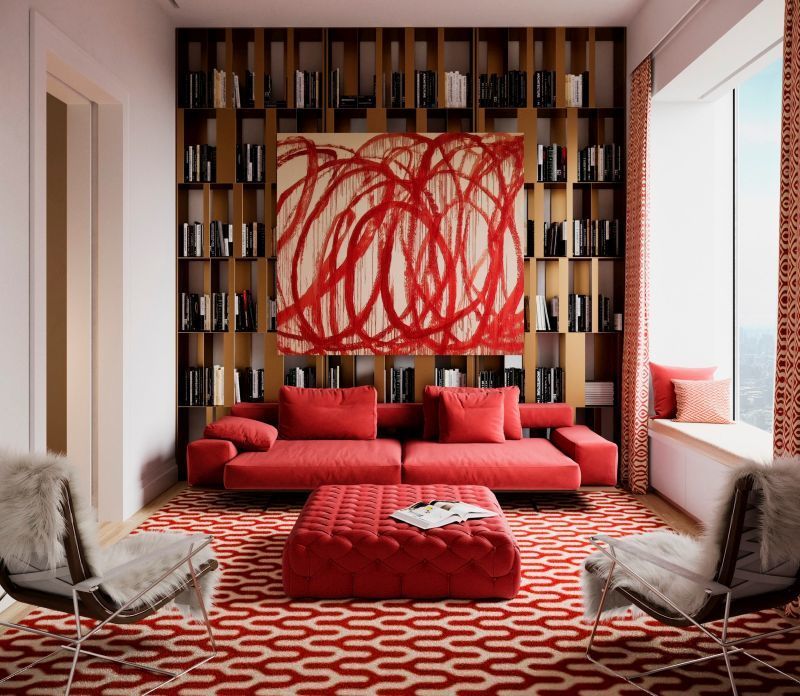 Червоно-білий дизайн сучасної вітальні виглядає доволі комфортно